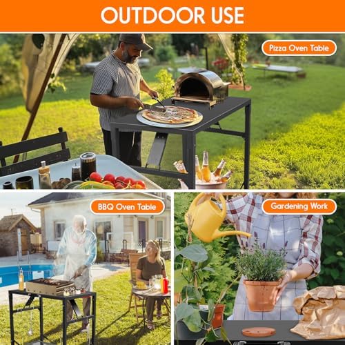 KHAMAL Grill Cart Outdoor with Wheels - Foldable Pizza Oven Stand Table, Portable Dining Cart Table for Outdoor, BBQ, Indoor, Kitchen(Black with Silver Handle)