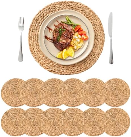 13.8'' Round Woven Placemats Set of 12, Boho Wicker Chargers, Terrekraft
