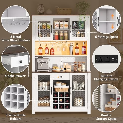 Merax 70.9" Tall Kitchen Pantry Storage Cabinet with Charging Station and LED Lights, Rustic Kitchen Hutch Food Pantries with Wine Rack, Drawer & Adjustable Shelves for Dining Room, White