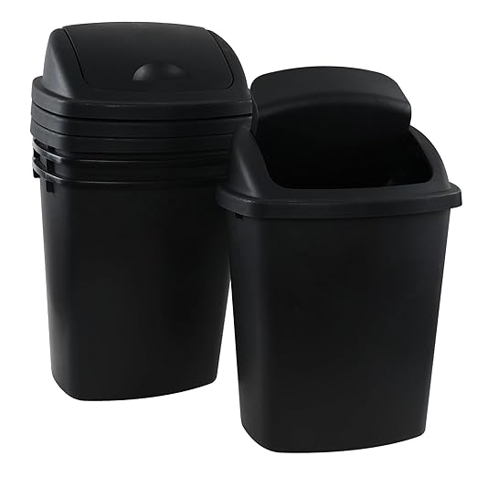 4 Pack 6.6 Gallon Black Garbage Bins, Plastic Trash Can with Swing Lid