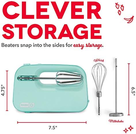 Dash SmartStore Hand Mixer - Electric Handheld Mixer For Everyday Baking - 3-Speed Power and One-Touch Beater Ejector Button - Aqua, Includes Whisk and Milkshake Attachments