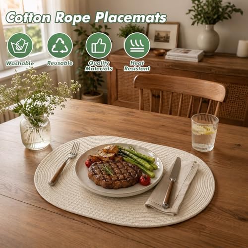Oval Woven Placemats Set of 8 Heat Resistant Placemats 17.5 x 12 Inches Farmhouse Cotton Rope Place Mats for Dining Tables Trivets for Hot Dishes, Beige