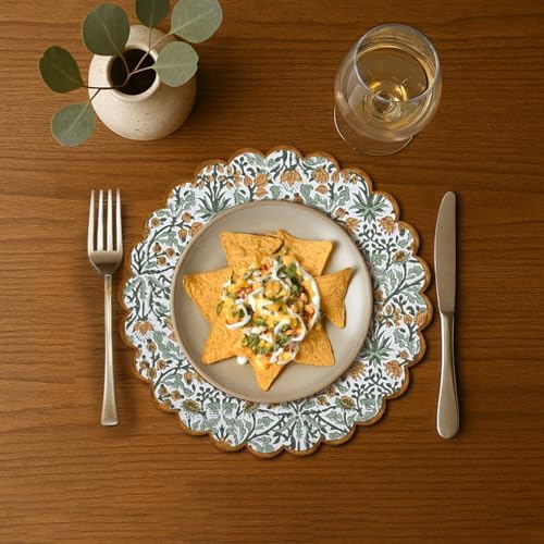 Ridhi Floral Block Print Round Placemats 15 in, Set of 4, Goldenrod Yellow