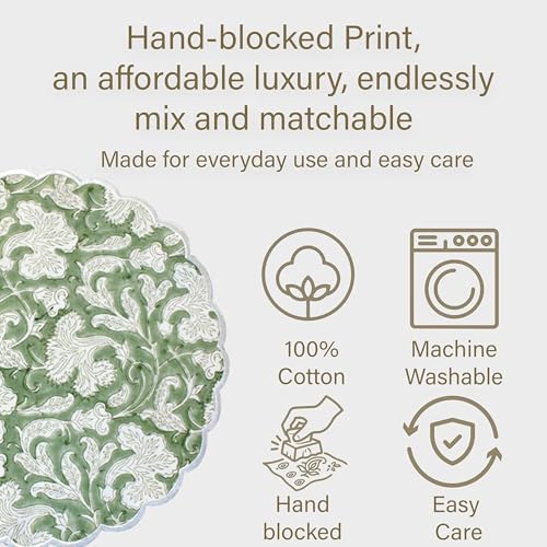 Ridhi Floral Block Print Round Placemats 15 Inch, Set of 4, Sage Green