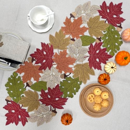 KEVA Fall Table Runner 36inches Long, Thanksgiving Harvest Cutwork Embroidered Table Runner 13in x 36in, Autumn Maple Leaves Table Decoration for Home Dining Kitchen Table