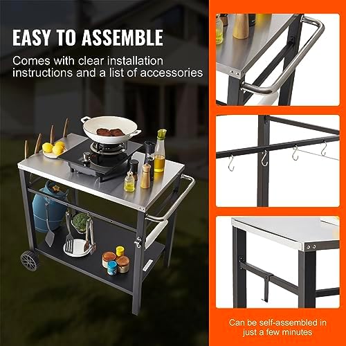 VEVOR Outdoor Grill Cart with Double-Shelf, BBQ Movable Food Prep Table with PVC Placemat, Black Iron Table Top, Portable Modular Carts for Pizza Oven, Worktable with 2 Wheels, Carry Handle