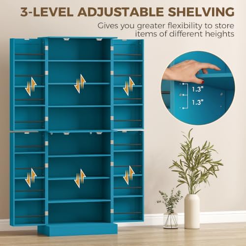 HOMCOM 65" Kitchen Pantry Storage Cabinet 16 Door Shelves Blue