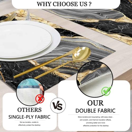 Mcalk Black Marble Table Runner and Placemats Set of 6 Pieces, Gold Marble Placemats, Modern Cloth Place Mats Indoor for Kitchen,Washable Linen Material for Dining Table