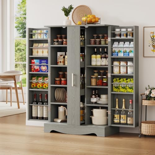 kepptory 47" Kitchen Pantry Cabinet with Drawer, Freestanding Food Storage Cabinet with Doors and Adjustable Shelves, Floor Cupboard Organizer for Dining Room Gray