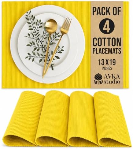 100% Cotton Ribbed Placemats - Set of 4-13 x 19 Inches - Yellow - Everyday/Thanksgiving/Fall Thick Construction Fabric Table Mats - Washable Reusable Cloth Place Mats - by AVKA Studio