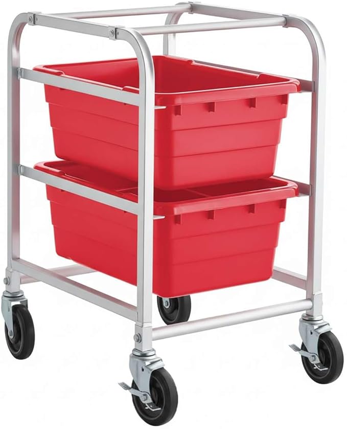 19"x26"x32" Mobile Aluminum Lug Rack with 2 Red Meat Lugs / Tote Boxes - NSF Heavy-Duty Commercial Storage Cart, Portable Aluminum Utility Rack with Casters for Kitchen, Restaurant, or Food Prep