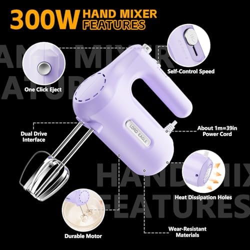 5-Speed Small Hand Mixer Electric, 300W Compact Portable, Purple