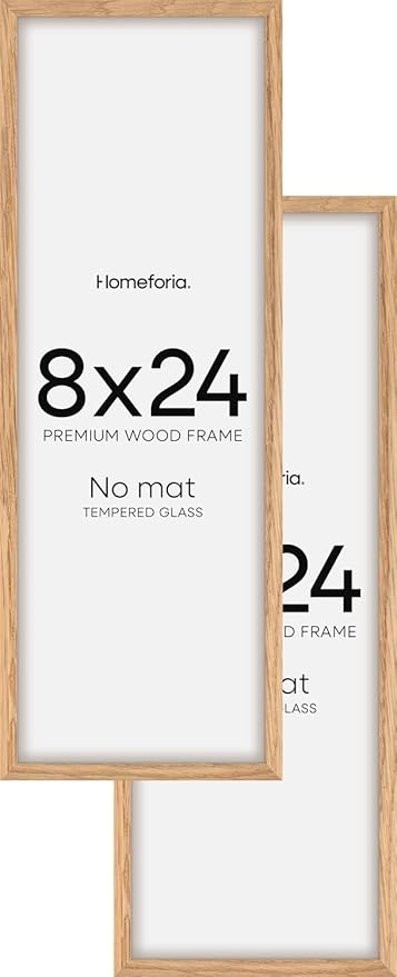 Homeforia 8x24 Panoramic Frame Wooden, High End Natural Oak 8 x 24 Picture Frame Light Wood without Mat, 24x8 Thin Poster Frame for Wall, 8by24 Display Photo Frames, Tempered Glass, Wall Kit, Set of 2