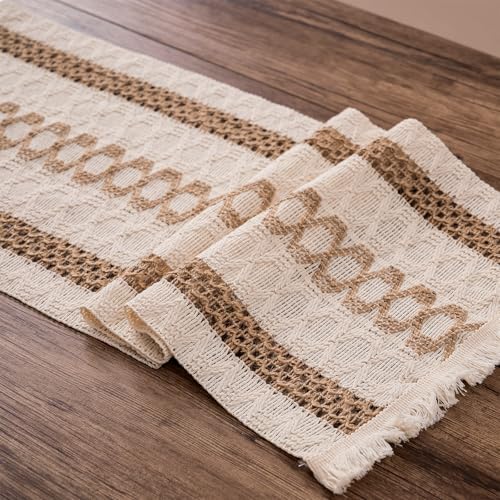 Niviy Boho Summer Table Runner with Tassels 12 x 72 Inches Long, Cream & Brown Rustic Farmhouse Table Runner with Tassels for Home Kitchen Holiday Party and Wedding Decor Runner