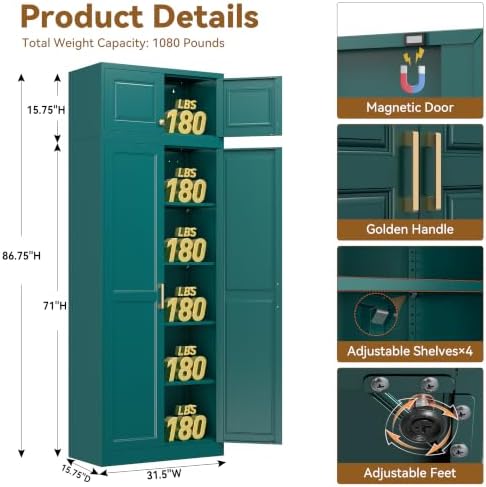 Polup 86" Tall Metal Kitchen Pantry Storage Cabinet with Doors and Shelves