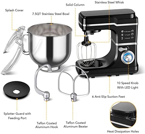 Stand Mixer, 7.5 Qt Stand Food Mixer 10 Speeds, Tilt-Head 3-IN-1 Kitchen Electric Mixer with Stainless Steel Bowl, Whisk, Dough Hook, Flat Beater, Countertop Household Stand Mixer,Black