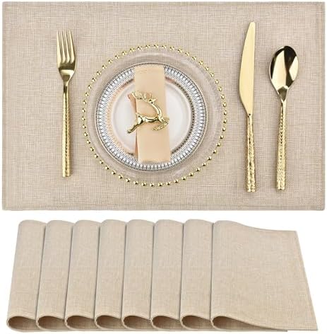 SLKQG Beige Faux Cotton Linen Placemats Set of 8, Heat Resistant Washable Double Layer Cloth Place Mats for Dining Table, Wrinkle Resistant Linen Textured Farmhouse Kitchen Decor（8，Beige）