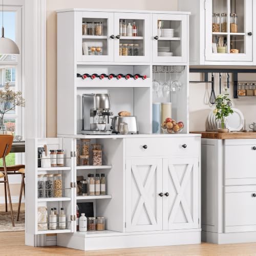 YITAHOME 71" Kitchen Pantry Cabinet with Wine Rack & Power Outlet, White