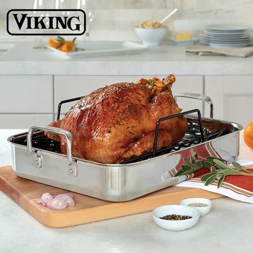 Viking 3-Ply Stainless Steel Roasting Pan with Non Stick Rack, 16 x 13 Inch Kitchen Cookware, Great for Turkey, Includes Probe Thermometer, Dishwasher and Oven Safe, Induction Ready, Silver