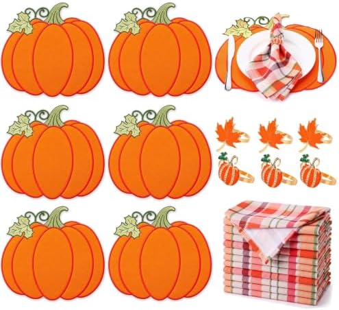 Havawish 18 Pcs 15'' Fall Placemats Pumpkin Napkins Rings Cloth Napkins
