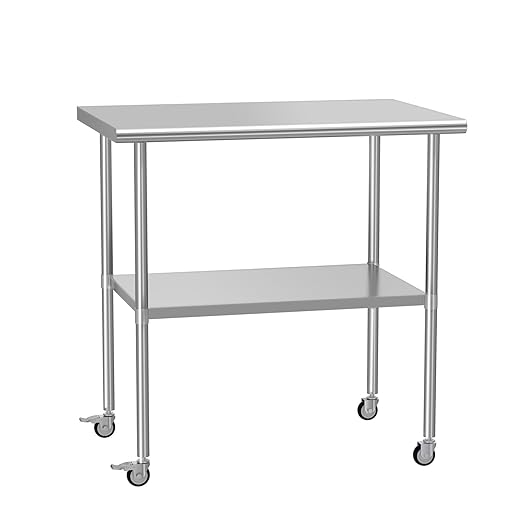 Stainless Steel Table with Wheels 24" x 36" Utility Worktable with Adjustable Undershelf for Commercial Kitchen, Garage, Restaurant
