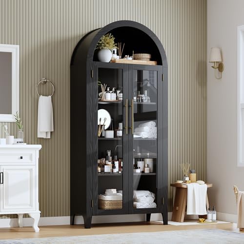 GarveeHome Arched Kitchen Pantry Cabinet - Farmhouse 5 Tier Display Shelf with Adjustable Shelf and 2 Large Glass Doors, Versatile Storage Cupboard for Kitchen, Dining Room, Living Room, Black