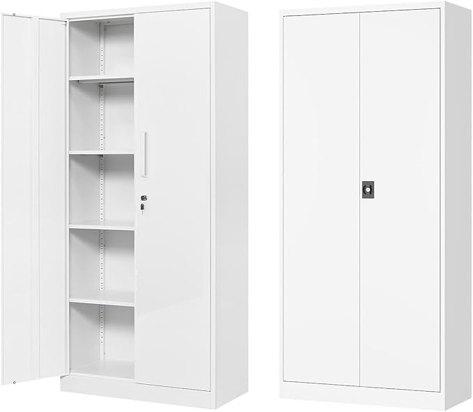 Metal Storage Cabinet-72” Tall Steel File Cabinets with Lockable Doors and Adjustable Shelves-White Steel Storage Cabinet for Kitchen, Office, Garage