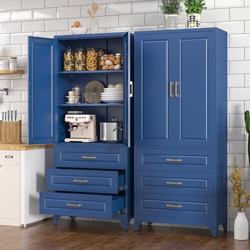 Polup 75" Metal Storage Cabinet, Kitchen Pantry Cabinet with 3 Drawers