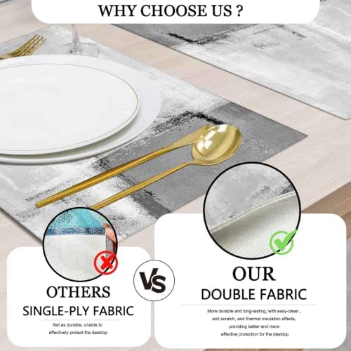 Mcalk Dark Grey Table Runner and Placemats Set of 6 Pieces, Grey Placemat, Cloth Place Mats Indoor for Kitchen, Washable Abstract Placemats Linen Material for Dining Table