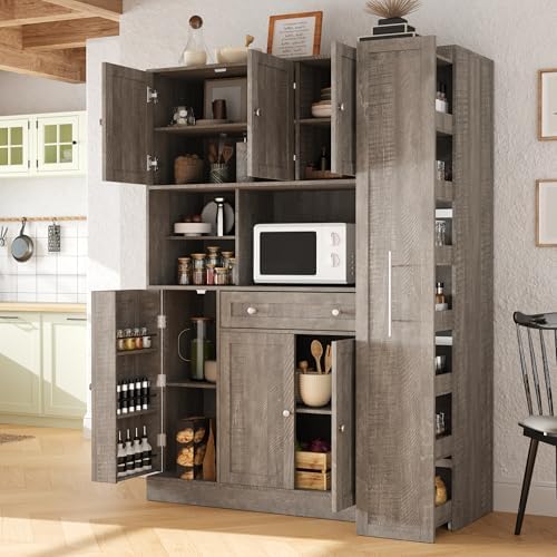Ball & Cast 70" Farmhouse Kitchen Pantry Cabinet with Hutch, Large Buffet Cabinet with 7-Tier Pull-Out Side Storage, 6 Doors, Drawer, Adjustable Shelves, Freestanding Coffee Bar & Cupboard, Brown