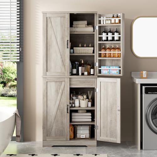 Shintenchi Kitchen Pantry Cabinet, Farmhouse Tall Cupboard, Ash Gray