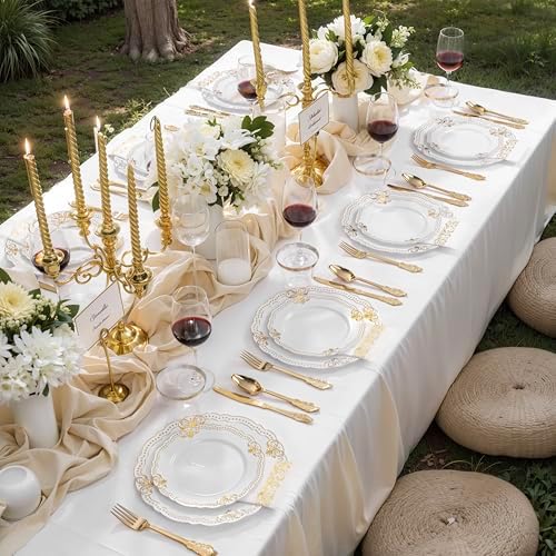 Ciaell 175 Piece White and Gold Plastic Plates for Weddings Parties