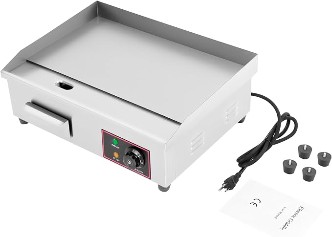 22" Commercial Electric Griddle, 110V 1600W Electric Stove Countertop Flat Top Grill Non-Stick Stainless Steel Teppanyaki Grill with Plug, Adjustable Temperature Control 122°F-572°F