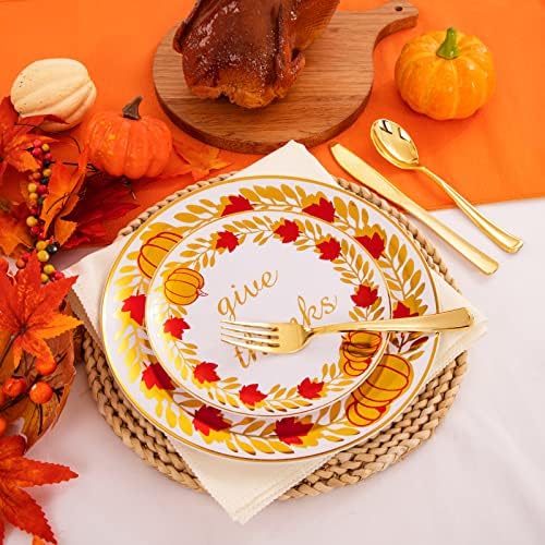 U-QE 125PCS Thanksgiving Plastic Plates with Gold Plastic Silverware