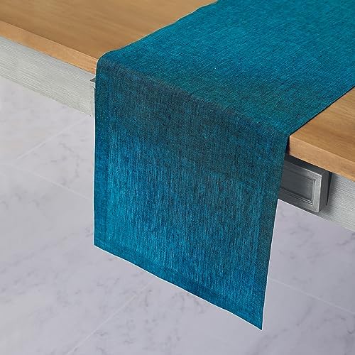 Solino Home 100% Pure Linen Dining Table Runner Teal, Athena 14 x 108 in