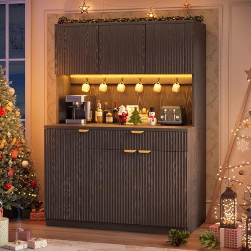 Jocoevol Fluted Kitchen Pantry Storage Cabinet with Charging Station & LED Lights,71" Tall Kitchen Hutch with Microwave Stand, Adjustable Shelves,Storage Doors (Black, 41 * 71 * 15.7)