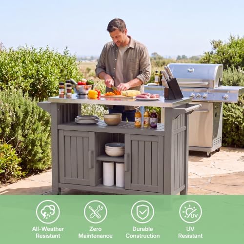 Fancyango Rolling BBQ Prep Cart – Outdoor Grill Table with Wheels-Grey