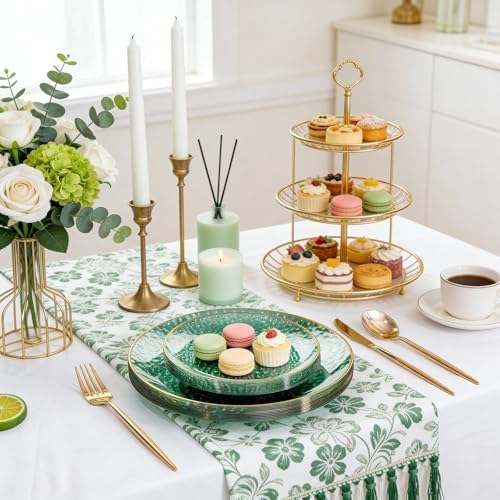 Rubtlamp 100 Clear Green Gold Plastic Plates, Hammered Clear and Gold Disposable Plates Include 50 Dessert Platos, 50 Dinner Platos for Party