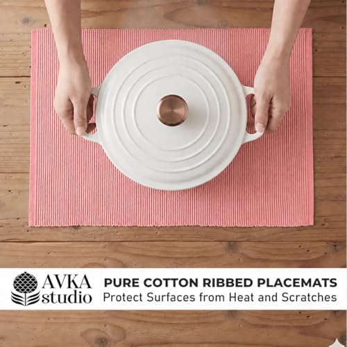 100% Cotton Ribbed Placemats - Set of 6-13 x 19 Inches - Peach - Everyday/Thanksgiving/Fall Cloth Table Mats - Thick Construction, Washable & Reusable Cloth Place Mats - by AVKA Studio