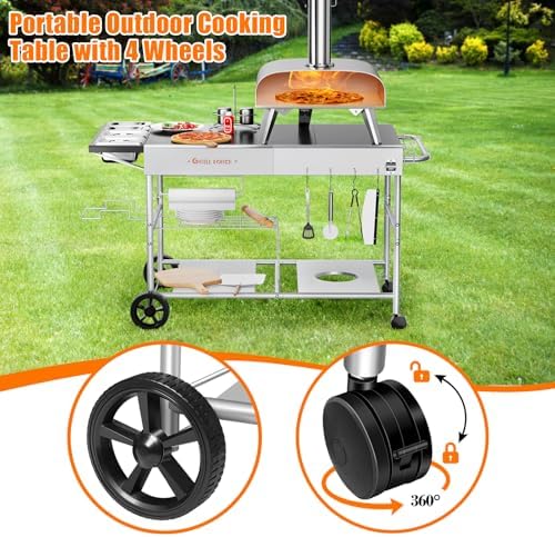 50"x 25" Pizza Oven Table,Outdoor Pizza Cart with Topping Station Grill Table Stand with Wheels for Ninja, Blackstone Griddle, Ooni, Gozney, Cuisinart.
