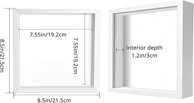 8x8 Shadow Box Frame Display Case, Wood with Plexiglass, Display Case Box for Memorabilia, Medal, Crafts,Tickets and Photos, Picture Frame for Wall and Tabletop (White, 8x8)