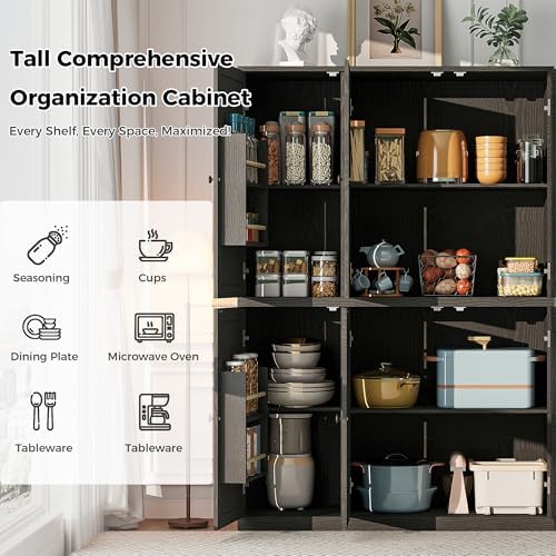 IRONCK Kitchen Pantry Storage Cabinet 47.2" W x 69" H, 6 Doors Large Storage Modern Food Pantries with 8 Shelves and Door Rack, Cupboard for Living Room Dining Room, Black