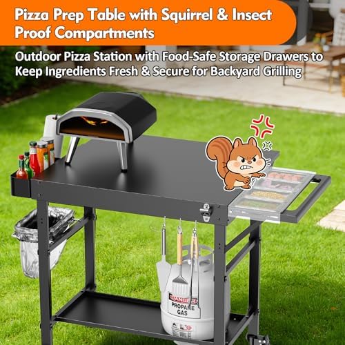 Pizza Oven Table for Ooni, Ninja & Blackstone, Wheeled Grill Cart