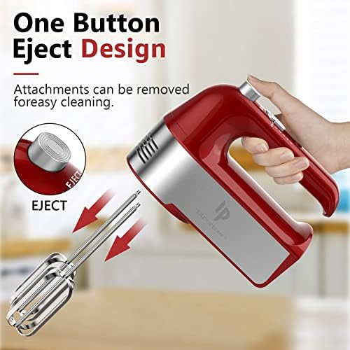 Hand Mixer Electric, 450W Kitchen Mixers with Scale Cup Storage Case, Turbo Boost/Self-Control Speed + 5 Speed + Eject Button + 5 Stainless Steel Accessories, For Easy Whipping Dough, Cream, Red