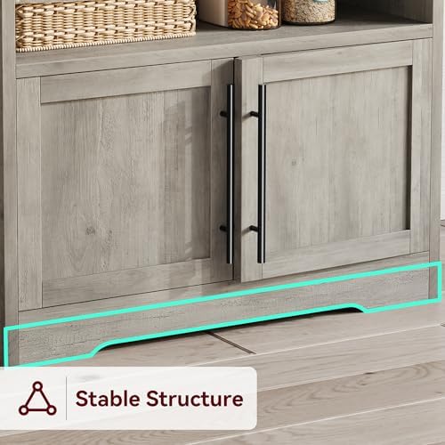 IDEALHOUSE Bakers Rack With Storage Cabinet, Microwave Stand With Power Outlets, Farmhouse pantry cabine With Thick Table Top, Small Kitchen Pantry Hutch Bakers Rack for Kitchen,Dining Room,Retro Gray