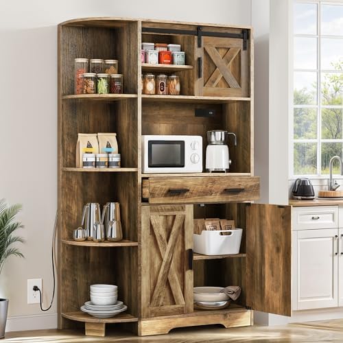 DWVO 67.3" Farmhouse Pantry with Power Outlet & Barn Door, Rustic Brown