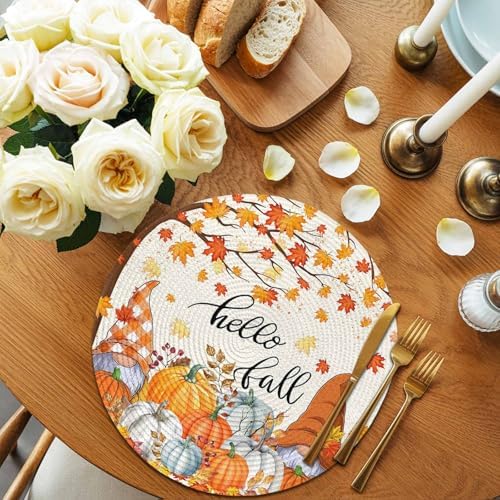 Fall Round Placemats Set of 8 Thanksgiving Autumn Maple Leaves Gnome Place Mats Washable Woven Placemat Hello Fall Harvest Pumpkin Circle Braided Table Mat for Kitchen Holiday Party Decor 15 Inch