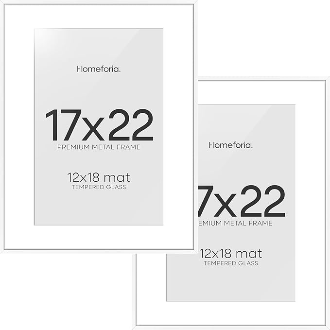 Homeforia 17x22 Picture Frame White, High End Metal 17x22 Poster Frames with Mat 12x18 Photo, 17 x 22 White Frame Matted to 12 by 18 Print, 22by17 Thin Hanging Frames, Tempered Glass, Wall Kit, Set of 2