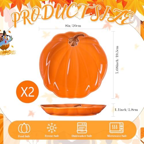 Rtteri 2 Pcs Pumpkin Ceramic Plates 8 Inch Thanksgiving Ceramic Pumpkin Platter Fall Versatile Serving Dish for Salads Fruit Dessert Smooth Textured Dinnerware Thanksgiving Fall Table Decoration