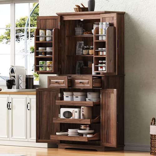 Merax 71" Tall Farmhouse Pantry Cabinet with Pull-Out Shelves, Brown